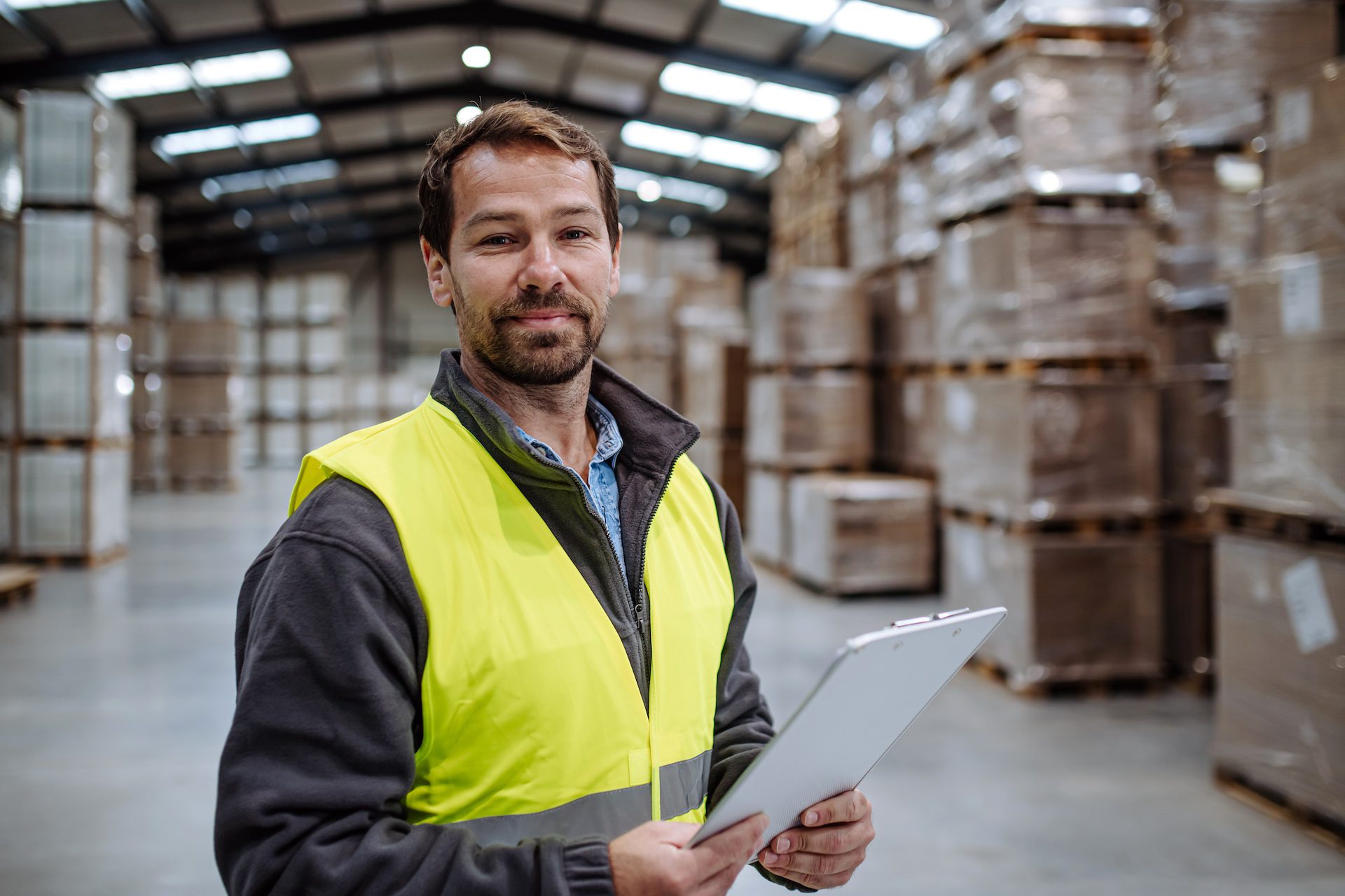 Portrait of a warehouseman with a clipboard checking deliveries and stock in the warehouse, preparing products for shipment.